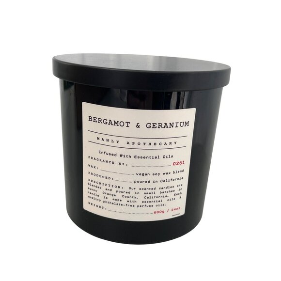 Leoben Company Manly Apothecary Co Bergamot and Geranium Candle 3 Wick 24oz NEW - Picture 2 of 8